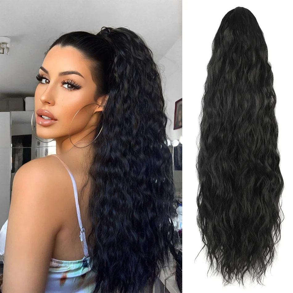 

26Inch Curly Wavy Ponytail Hair Extension Synthetic Drawstring Ponytail Corn Wave Hairpiece Black Fake Pony Tail for Women