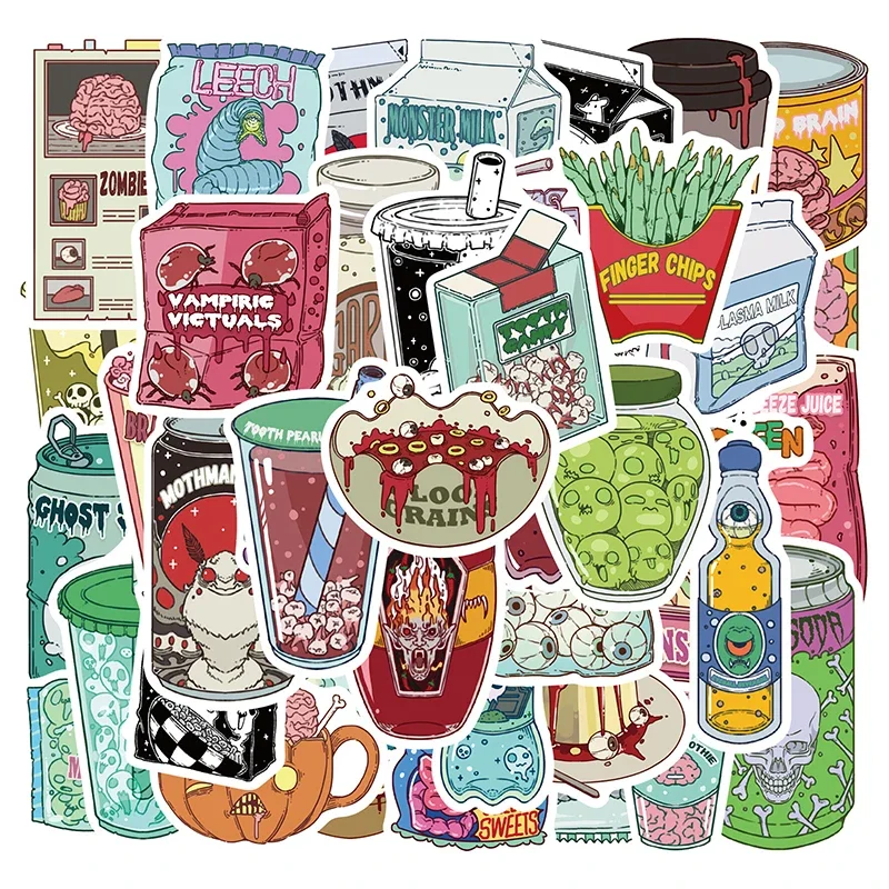 50PCS Zombie Food Drink Stickers Halloween Horror Decoration Phone Skateboard Travel Luggage Stationery Laptop Decals Child Toys