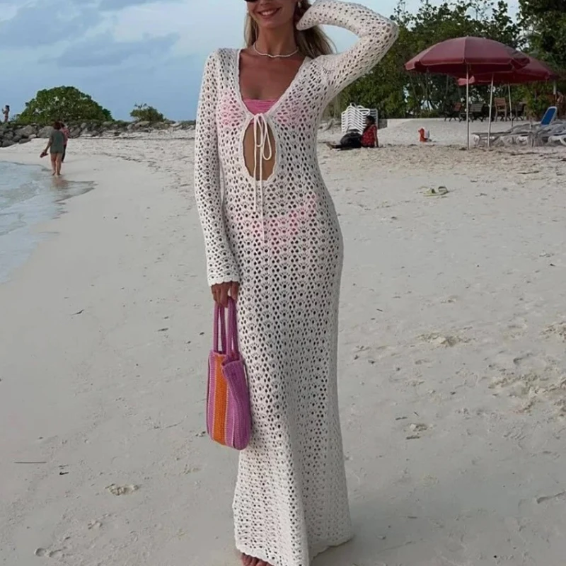 新しいスタイル中空長袖タイアップドレスニットセクシーなビーチウェアカバーアップ女性のビーチホリデー日焼け止めスモック