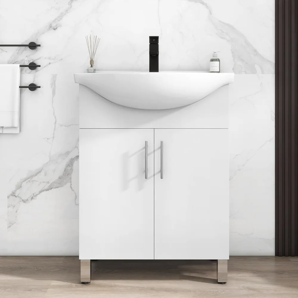 

24 Inch White Laundry Sink Cabinet Set with Ceramic Belly Bowl Sink and Faucet, Bathroom Cabinets