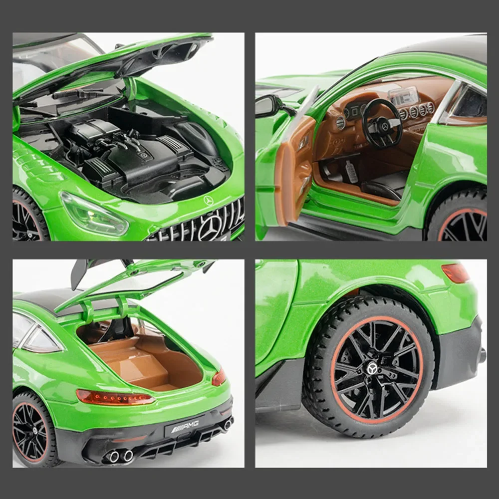 Coche en miniatura Benz AMG GT-R 1:18, juguete de aleación fundida, supercares, puertas, sonido abierto, luz, vehículo extraíble, regalos de cumpleaños para niños