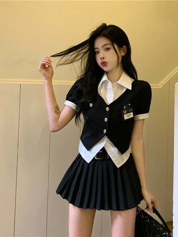 

Japanese Style Jk Uniform Set women's Summer Two Piece Shirt Korean Style High Waist Pleated Half Skirt Three Piece Set