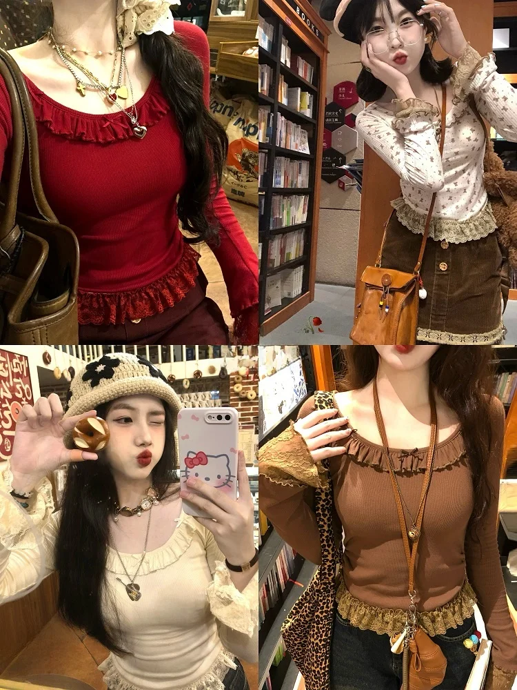 

Pure Desire Knot Lace Long Sve Base irt Waist Cinched Layering Versatile Sweet Sle Cotton Blend Knitwear