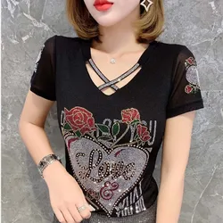 #5532 Black Basic T Shirt Women Diamonds Sexy V Neck Womens Tee Shirts Casual Short Sleeve T-shirt Female Hollow Out Summer 2023