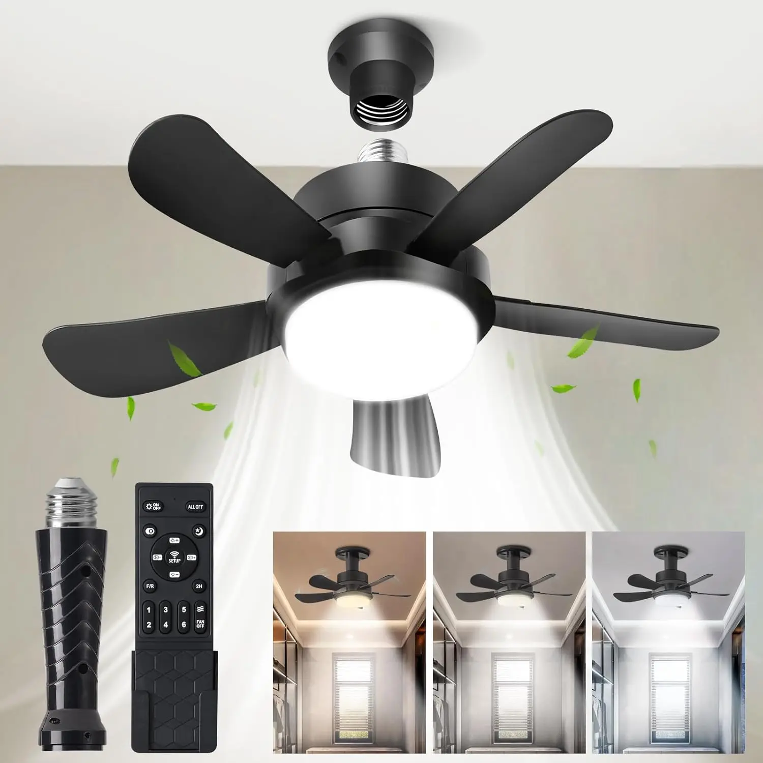 

ANGLE Socket Fan Light with Remote, 16 inch Ceiling Fan with Lights, 6 Speeds Dimmable Color Temperatures and E26 Base, Ceiling