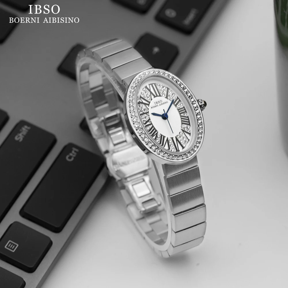 IBSO New Oval Dial Zircon Luxury Women Quartz Watches Simple Stainless Steel Strap 3ATM Waterproof Watch Ladies Free Shipping