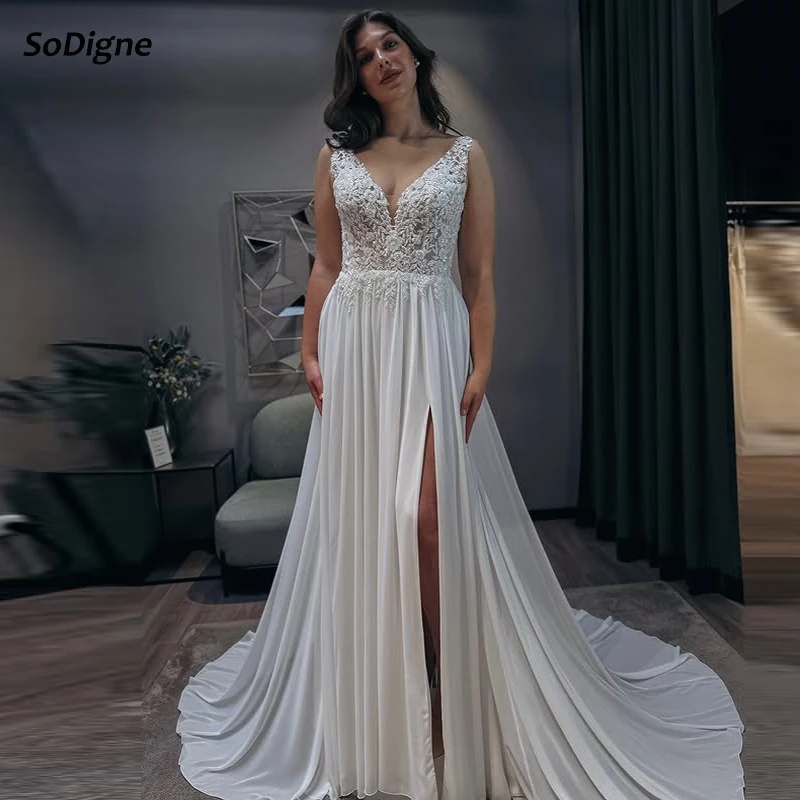 

SoDigne A-line Chiffon Appliques Wedding Dress V-neck Sleeveless Bride Dresses Split Long Bridal Gowns Robe De Mairee Customized