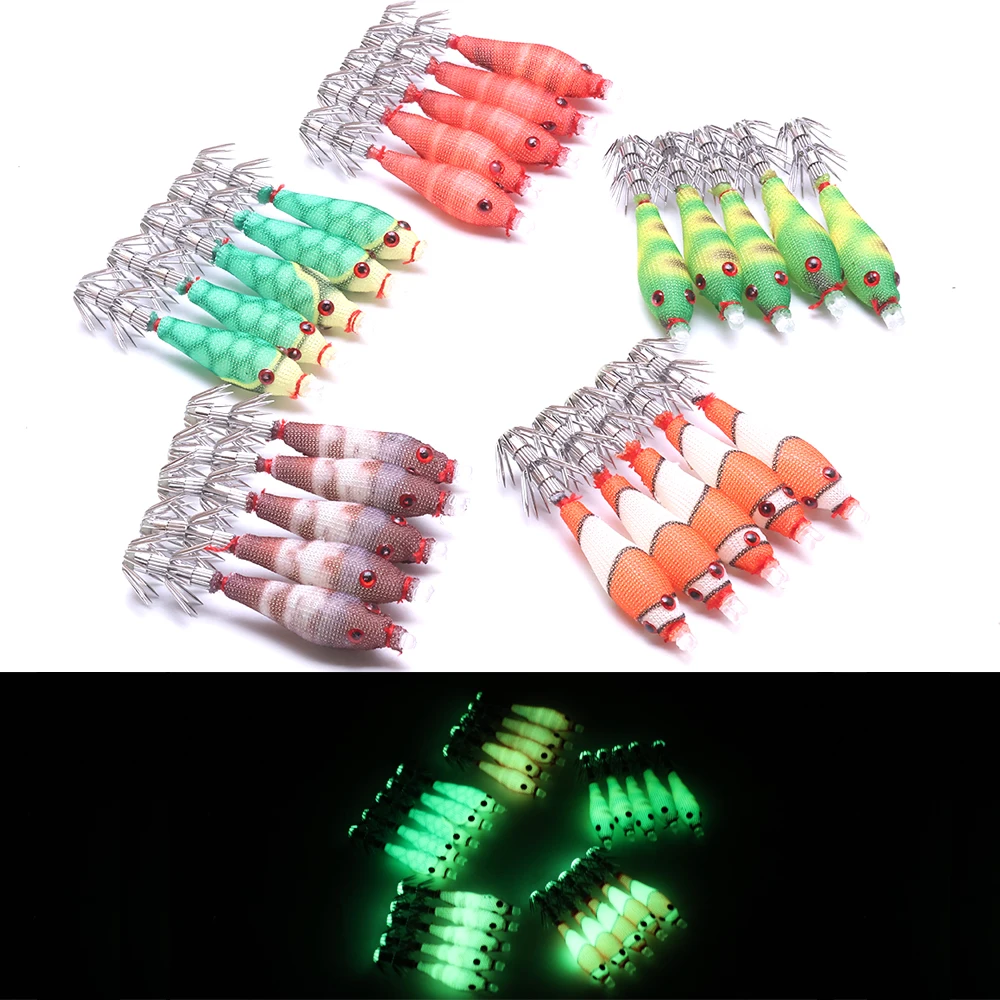 Multi-Color Glow-in-the-Dark Squid Jig Lures Simulated Shrimp Octopus Hard Bait with Sturdy Hooks for Night Fishing Tackle