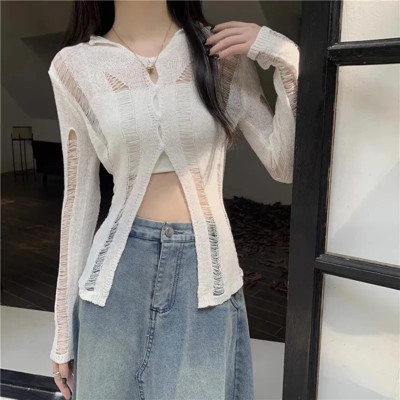 Gidyq Vintage Women Knitted T Shirts Summer Korean Hollow Out Long Sleeve Tops Casual Female Button Slim Cardigan Tees New