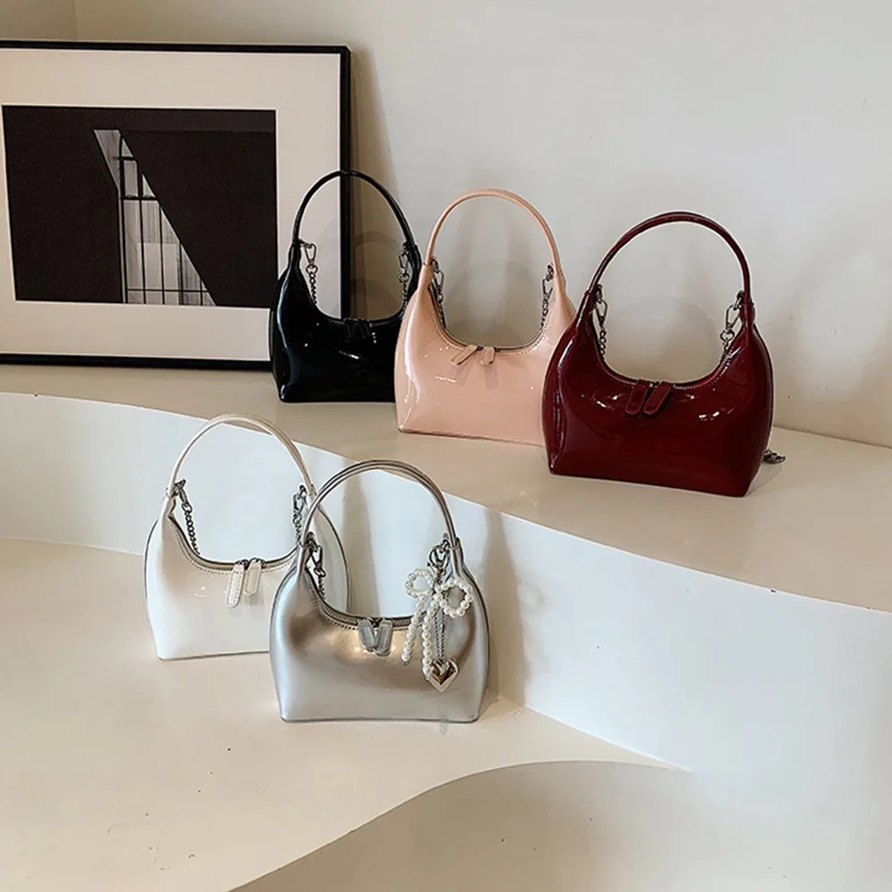

Cute PU Commuting Crossbody Bag Luxury Y2K Leather Underarm Bag Korean Style with Pendant Bright Surface Handbag Daily