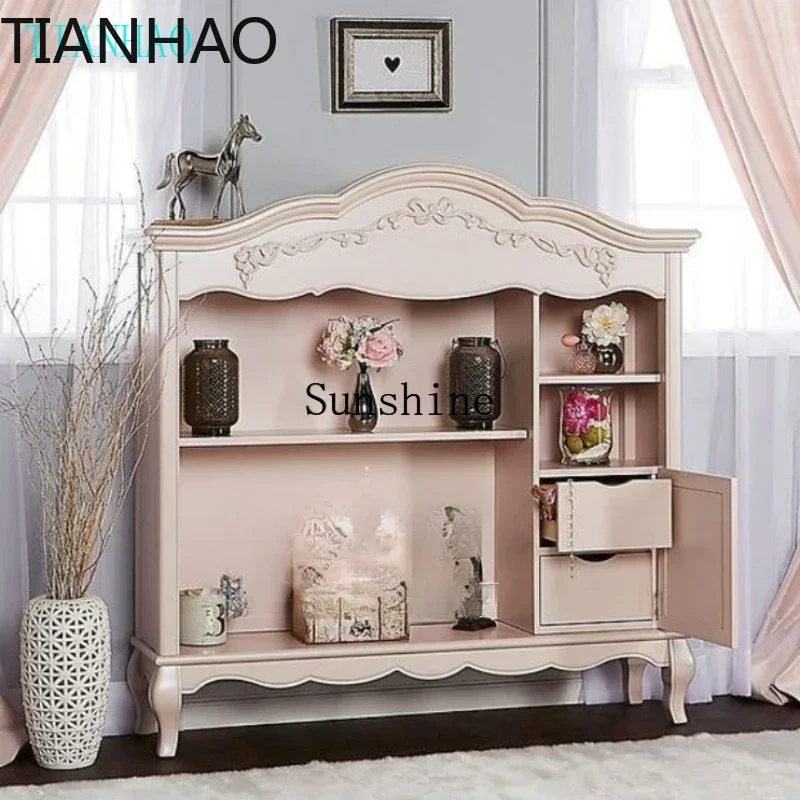 French Solid Wood Kids Bookshelf with Pink Princess Carving