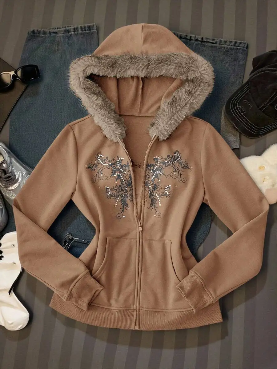 

Women's Faux Fur Trim Hooded Zip-Up Sweatshirt with Embroidered Floral Rhinestone Design