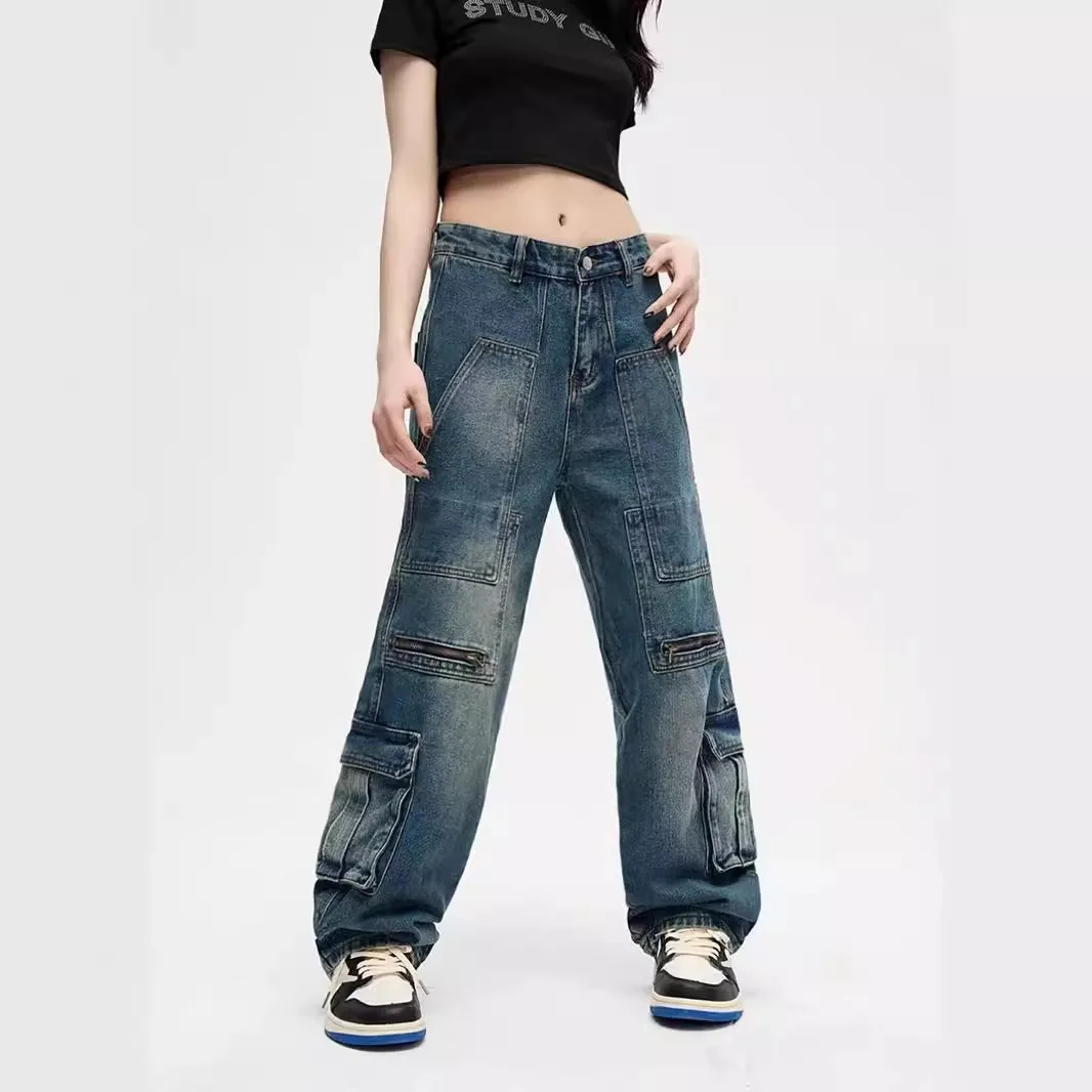 

Women's Workwear Style High Waist Straight Leg Jeans Heavy Duty Multi Pocket 3D Tailoring Wide Leg Pants Water Washed Aged