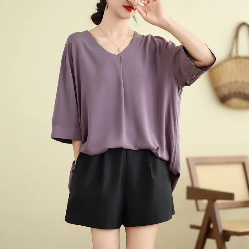 Pullover alla moda con scollo a V allentato da donna con scollo a V manica a cinque quarti tinta unita versatile semplice e confortevole top a mezza manica