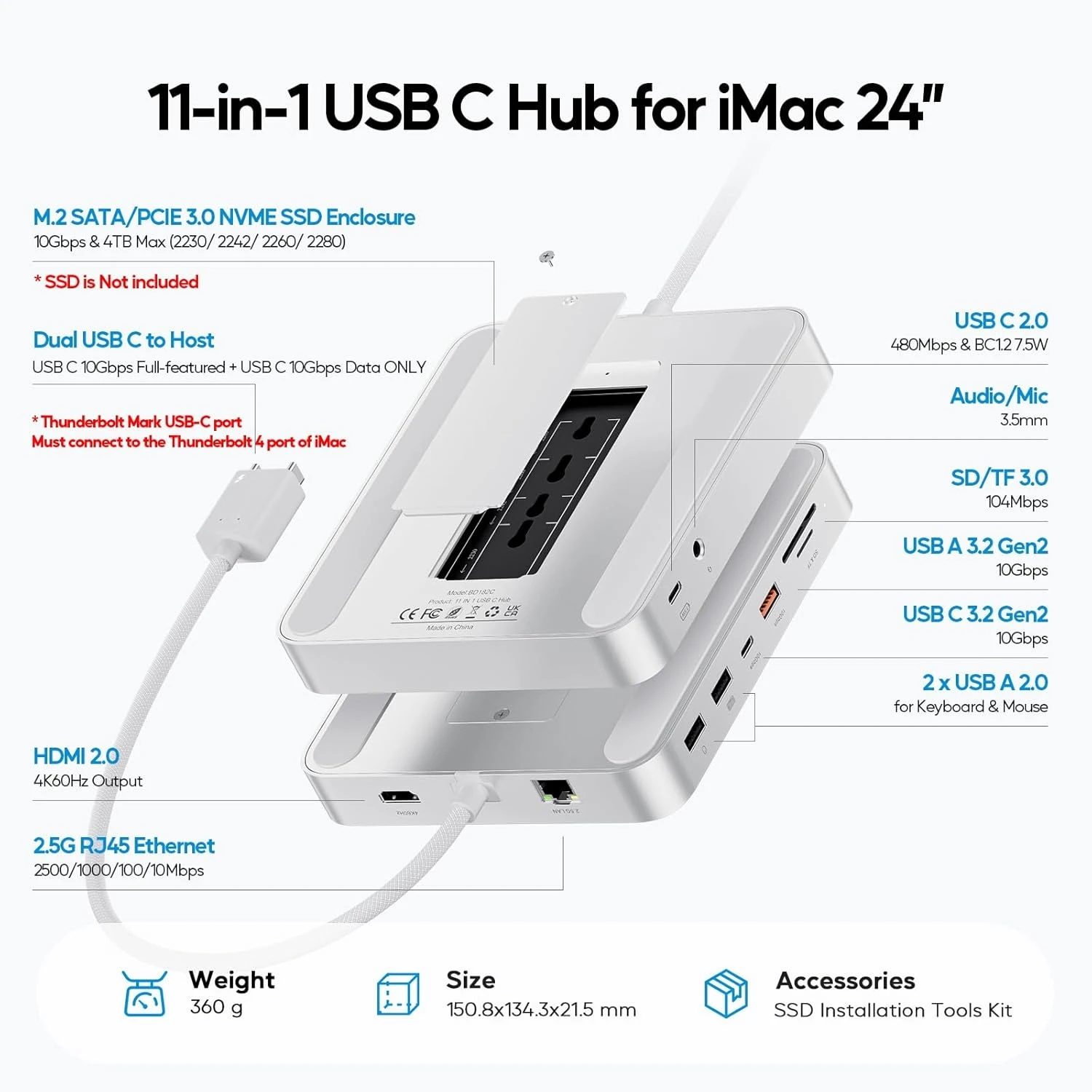 PULWTOP 11 in 1 USB C Hub for iMac 24 inch USB Hub 2021 2023 2024 Support M.2 SSD (NOT Included) with 4K HDMI, 2.5G Ethernet