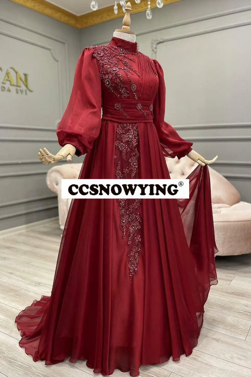 ซาตินชุดราตรีแขนยาวชาวมุสลิมชุดโมร็อกโก Caftan อาหรับดูไบคอ Prom Party ชุดลูกปัด Appliques Robe