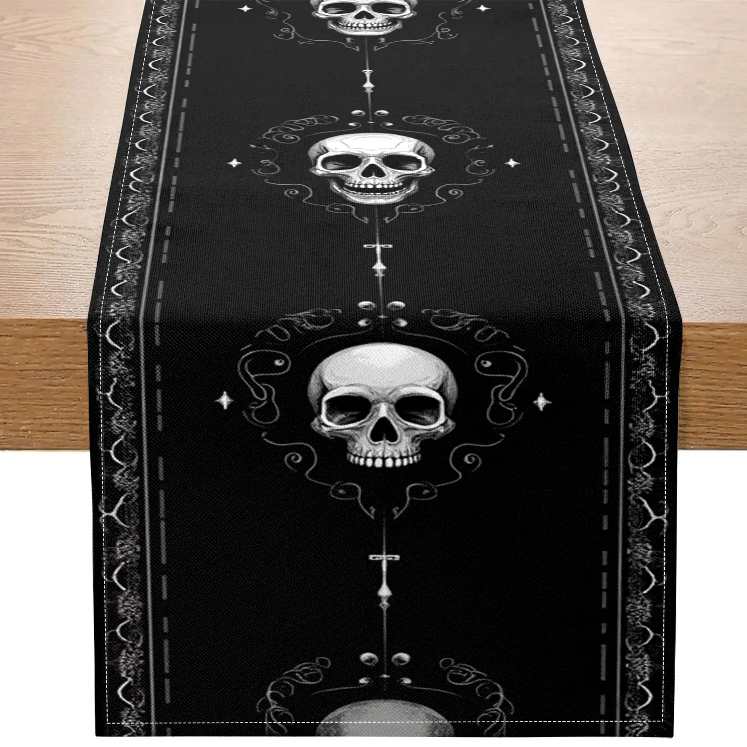 1 Halloween Table Runner, with Black and White Skull Pattern, Suitable for Holiday Table Decoration