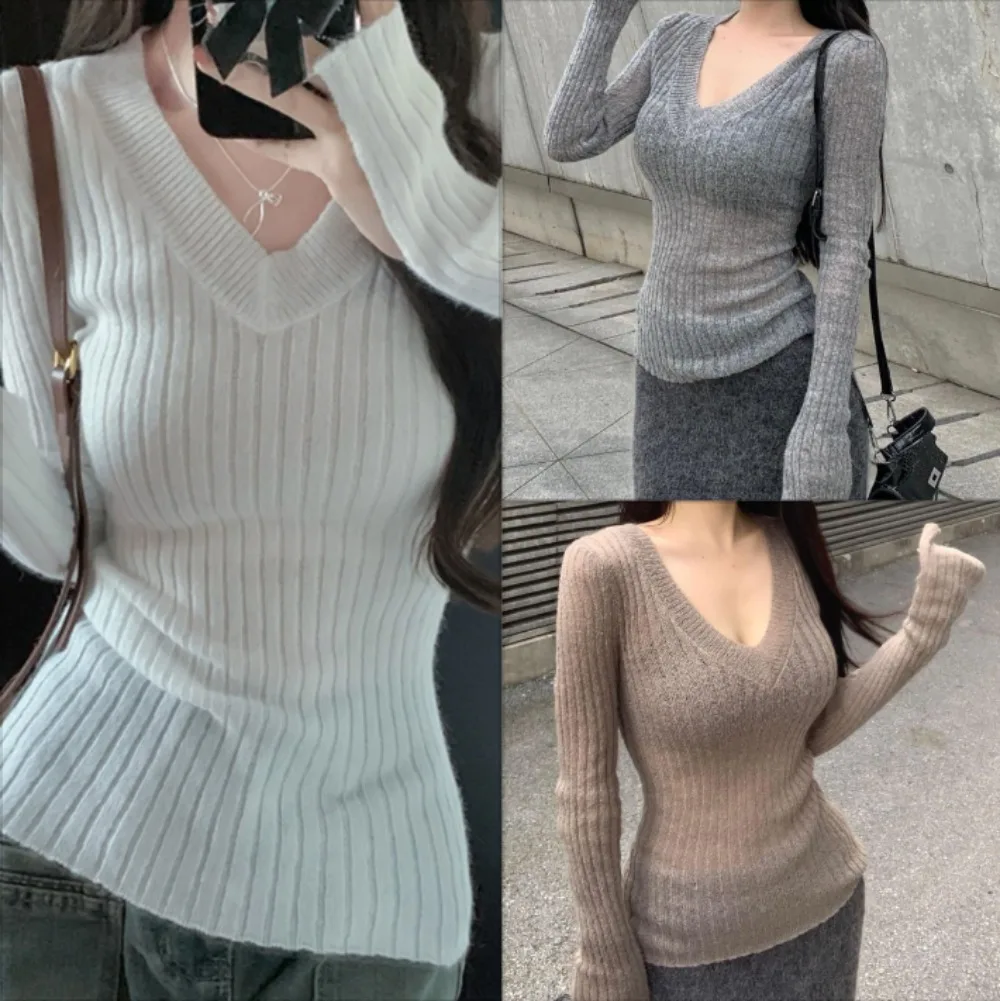 

Темпераментный свитер с v-образным вырезом, женский весенне-осенний тонкий повседневный эластичный пуловер с длинными рукавами, нижний топ
