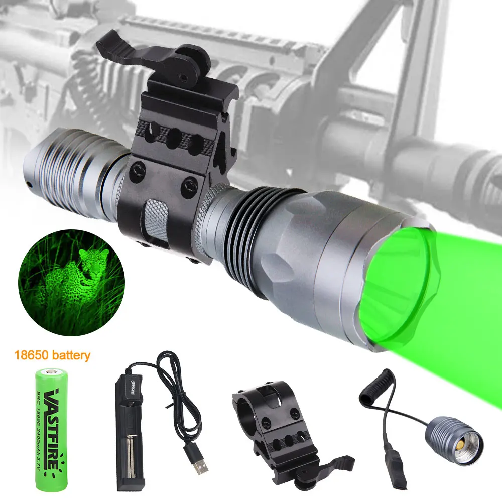 C10 ZOOMABLE Hunting flashlight 800 Yards green light Tactical Flashlights 18650 Aluminum Waterproof Lamp Set Mount