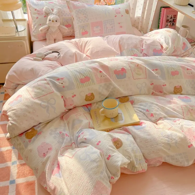 Cute Bedding Set with Floral Ins Duvet Cover Flat Sheet Pillowcases No Filler Girls Single Queen Size Hotel Home Bed Linens