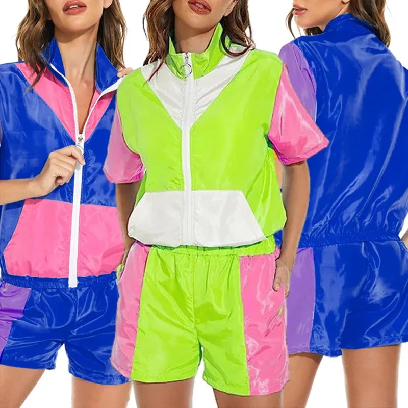 

Тренировочный костюм в стиле хиппи 70-х и 80-х годов, модная куртка с цветными блоками, шорты, полный комплект, костюм в стиле хип-хоп, дискотека, карнавальный костюм на Хэллоуин