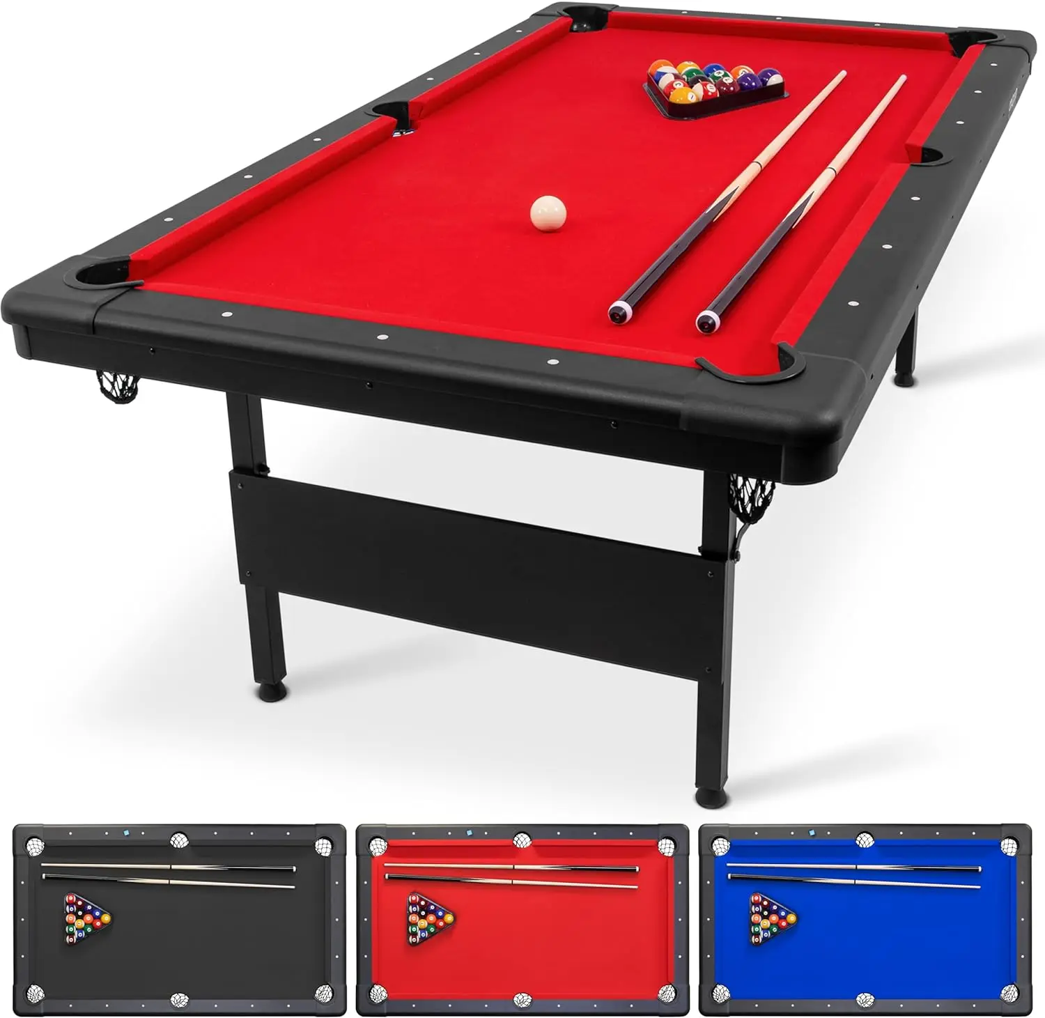 

6, 7, or 8 ft Billiards Table - Portable Pool Table - Includes Full Set of Balls, 2 Cue Sticks, Chalk and Felt Brush; C