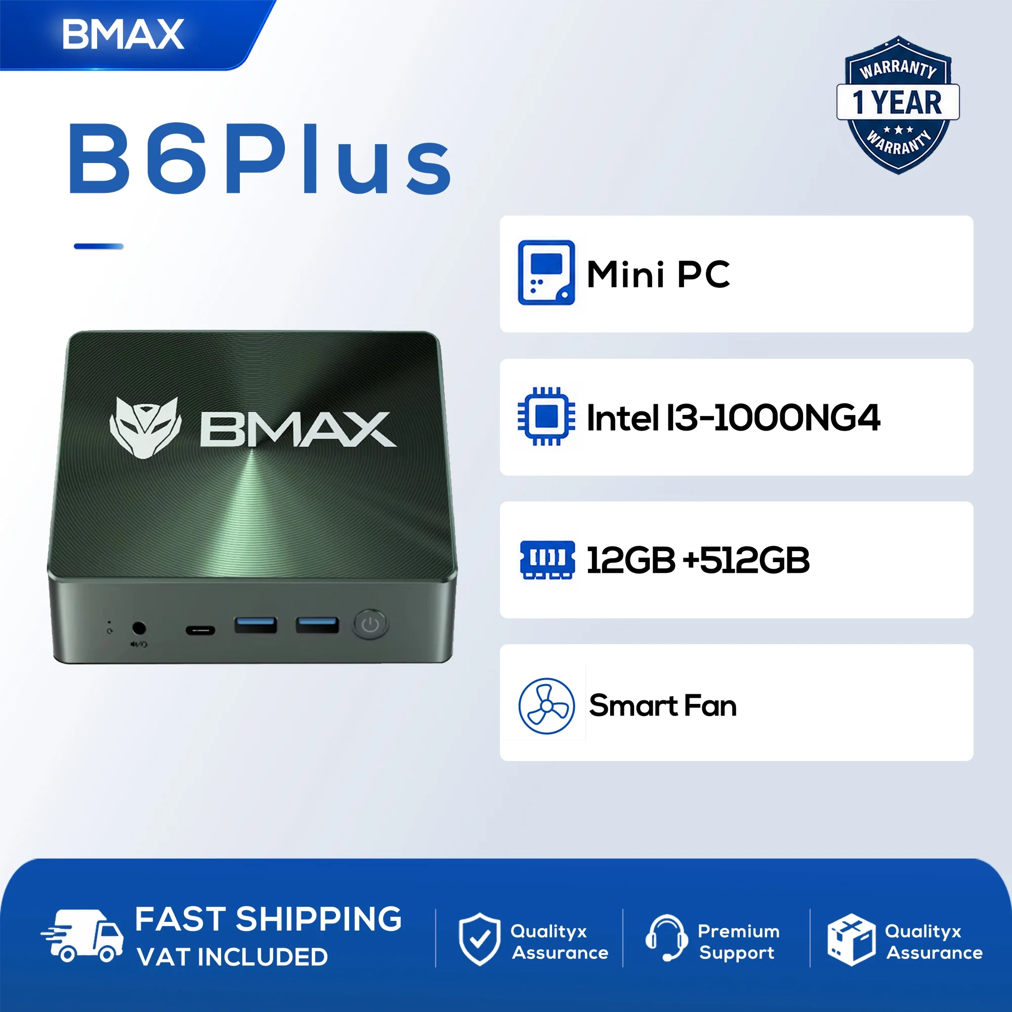 BMAX B6 Plus Mini-pc, Intel Core i3 1000NG4, Windows 11, 12 GB LPDDR4, 512 GB NVMe SSD, WiFi 5, Bluetooth 4.2, USB, HDMI, Type-C, voor gebruik op kantoor.