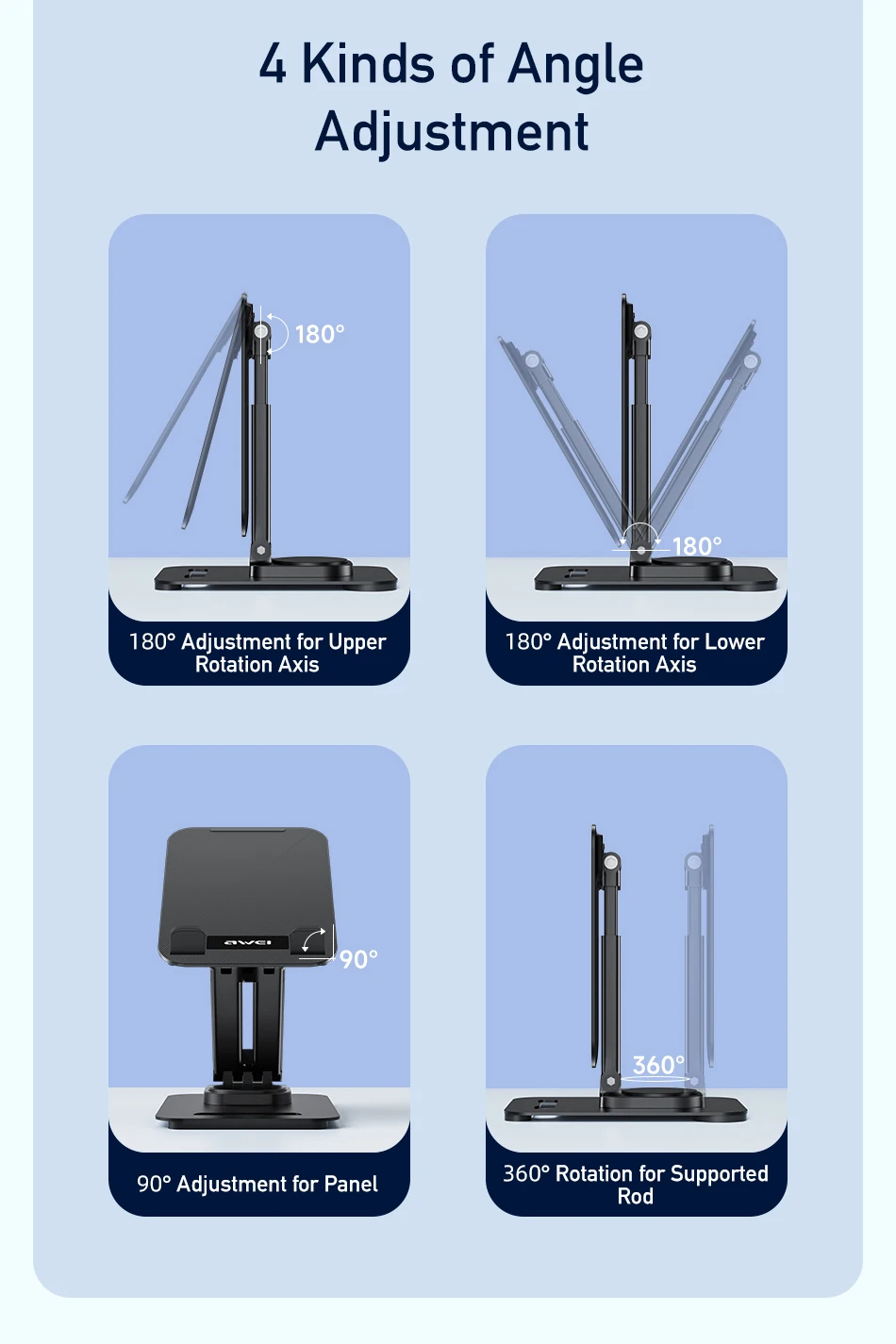 Awei X41 Metal flat desktop bracket Laptop Stands Adjustable rotatable angle anti-skid Super stable phone for iPhone 16 15 14