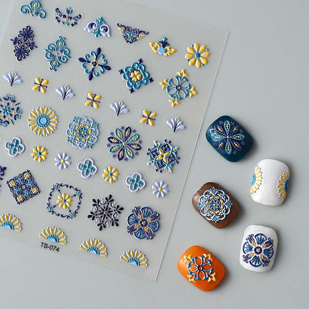 1PCS Bohemian Style 5D Nail Stickers Press on Nails Embossed Symphony Butterfly Flower Stickers Nail Decoration Decals