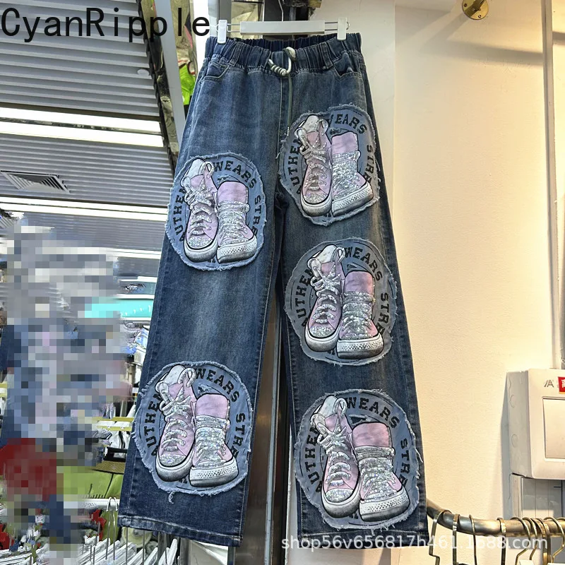 Fashionable Jeans for Women New Spring Summer Patch Sequins Embroidery All-match Elastic Waist Floor-length Wide Leg Denim Pants