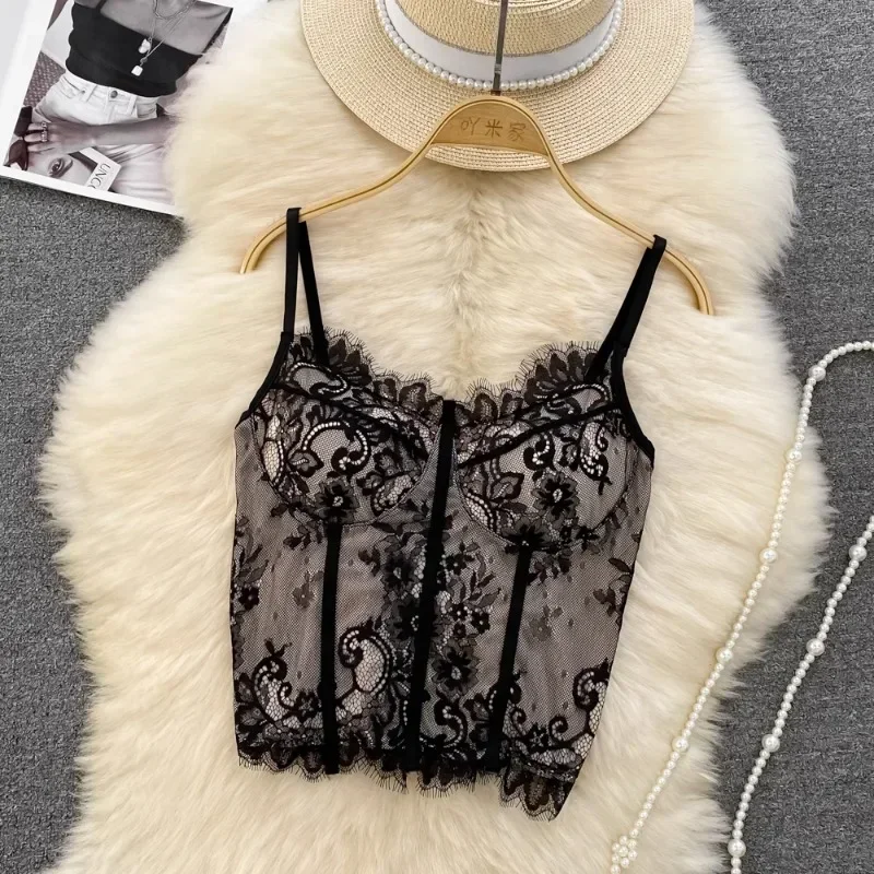 Women Tank Tops With Built In Bra Lace Patchwork Vintage Camis Female Spaghetti Strap French Style Sexy Tanks Womens Dropship