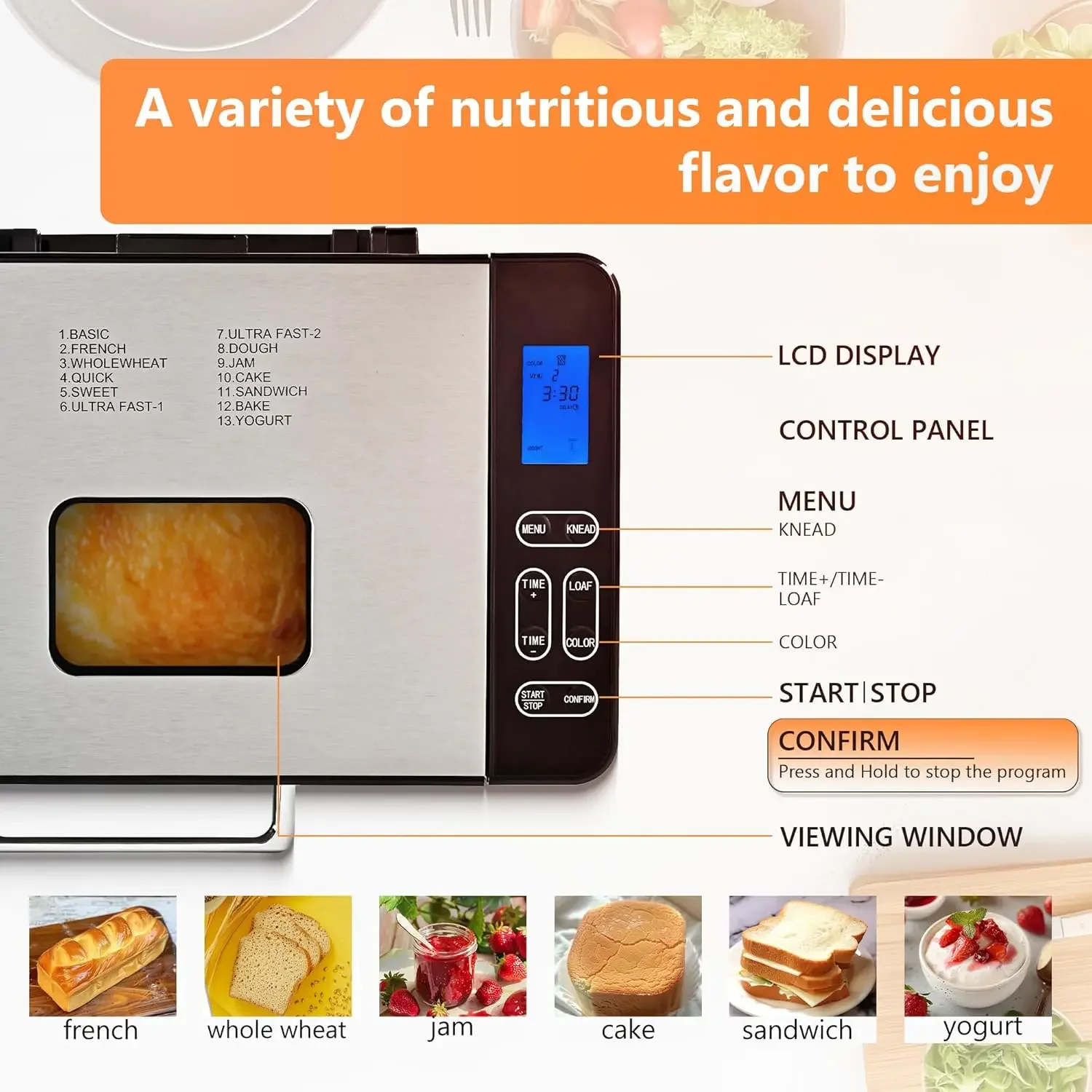 Bread Maker Machine 13 Program 2LB Bread Maker, Bread Machine with 3 Loaf Sizes and 3 Crust Colors, Breadmaker with Fruit & Nut