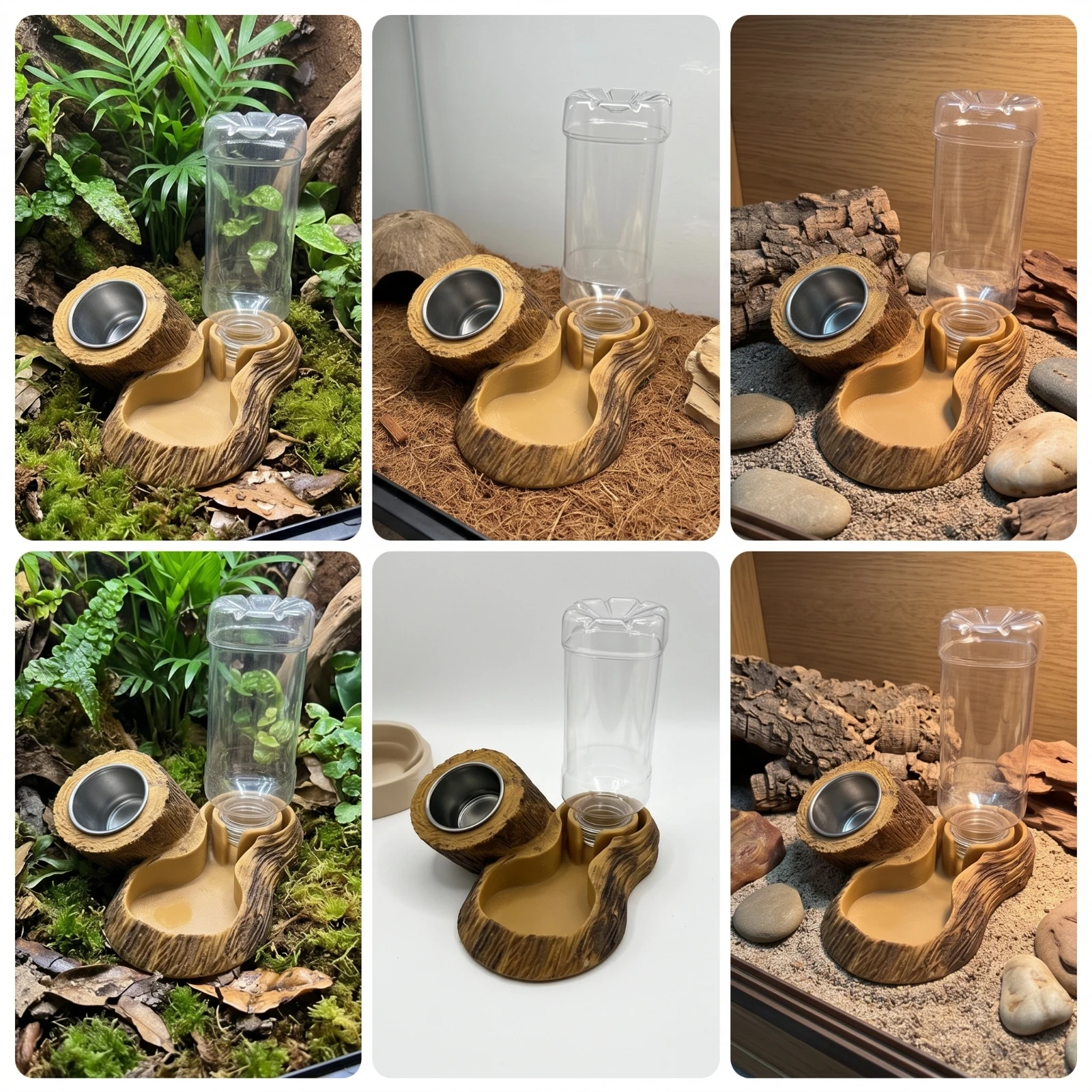 Reptile Feeding Dish with Water Bottle Integrated Reptile Food Dish with Water Bottle Pet Supply Natural-Looking Wood-Look