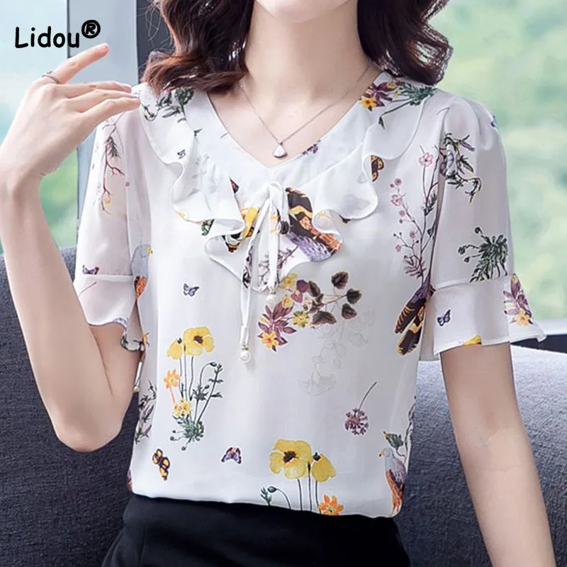 Women's Clothing Fashion Elegant Short Sleeve Floral Chiffon Shirt 2023 New Casual Female Summer Ruffles Spliced V-Neck Blouse