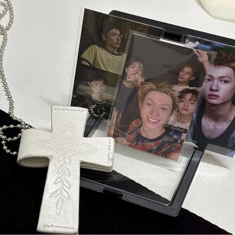 Punk Gothic Pu Leather Cross Card Holder Y2k Subculture Necklace Accessory Mini Creative Wallet Hanging Chain Card Storage