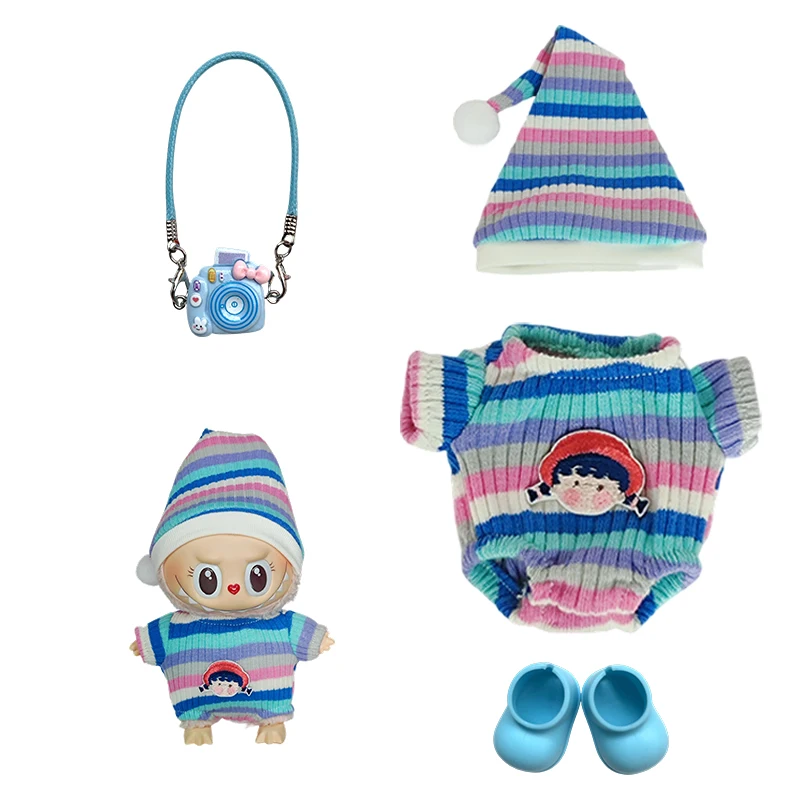 

For V1 V2 17cm Labubu Doll Clothes Set Fashion Striped Sweater Outfit Hat Shoes Camera Accessories Kawaii DIY Gift