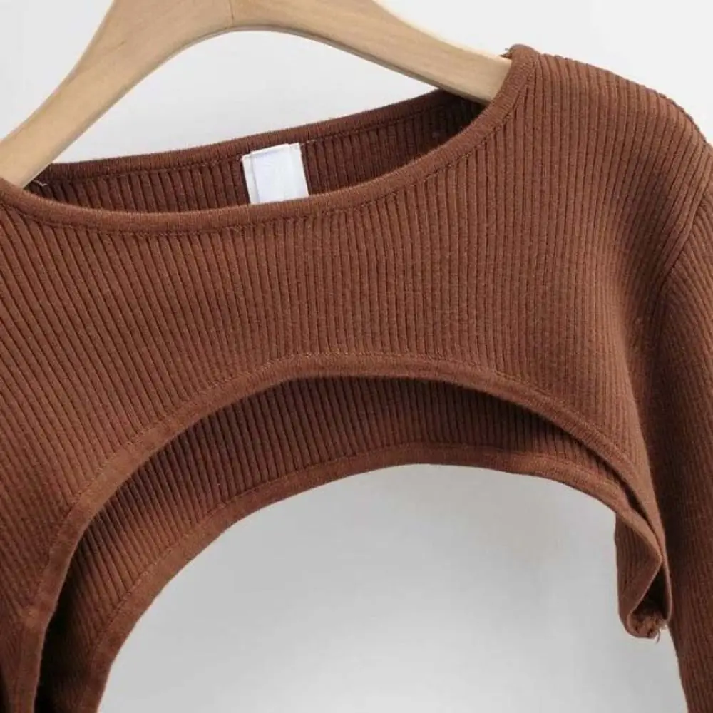 

Тонкий вязаный укороченный топ с длинными рукавами, однотонные тонкие укороченные свитера, пуловеры, уличная короткая блузка, вязаная футболка с круглым вырезом