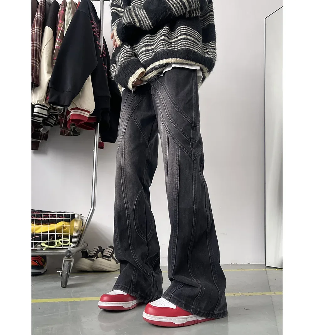 American Retro Hip Hop Stitching Black Jeans Men Y2K Street Fashion Straight Mop Pants Punk Rock Casual Denim Trousers Korean