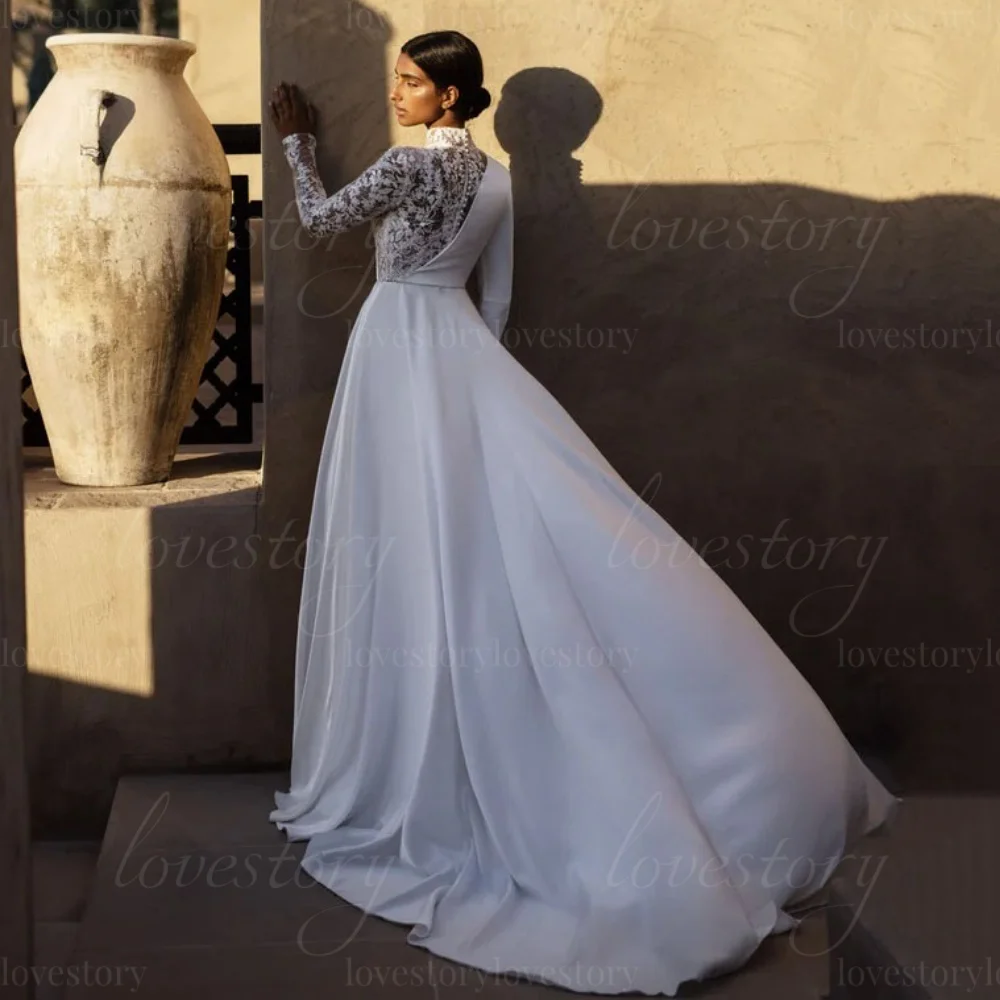 Customized Classic A Line Wedding Dresses High Neck Split Appliques Bridal Gowns Long Sleeve Button Elegant Vestidos De Noiva