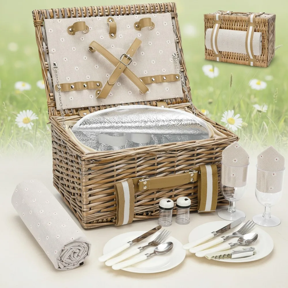 

Large Wicker Picnic Basket Set for Couples - Waterproof Blanket, Insulated Cooler & 17-Piece Cutlery Kit, White Flower Design