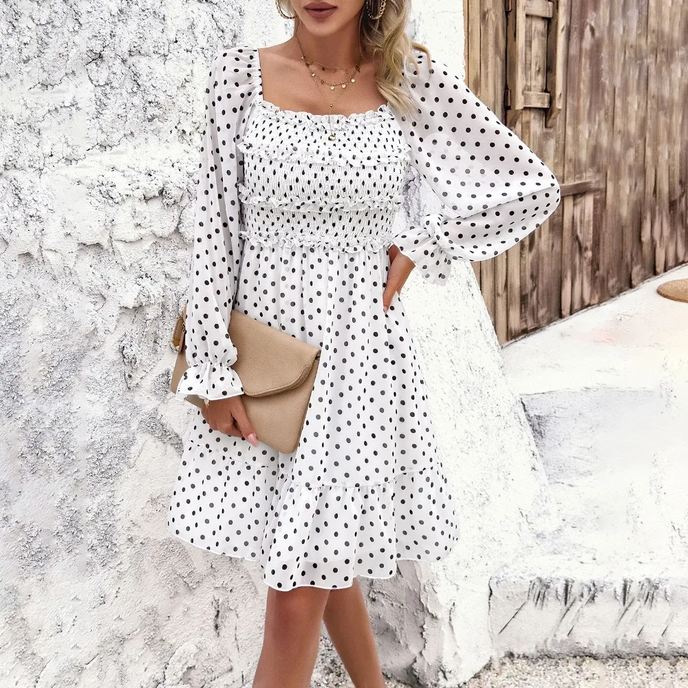 

Fashionable Polka Dot Square Neck Dress for Women Ruffled Mini Beach Dress Temperament Commuter Lantern Sleeve Dresses