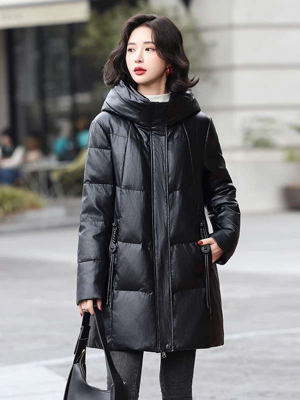 本革ダウンジャケット レディース ミディアム丈 2025年冬新作 人気新モデル 海寧レザーコート アウター