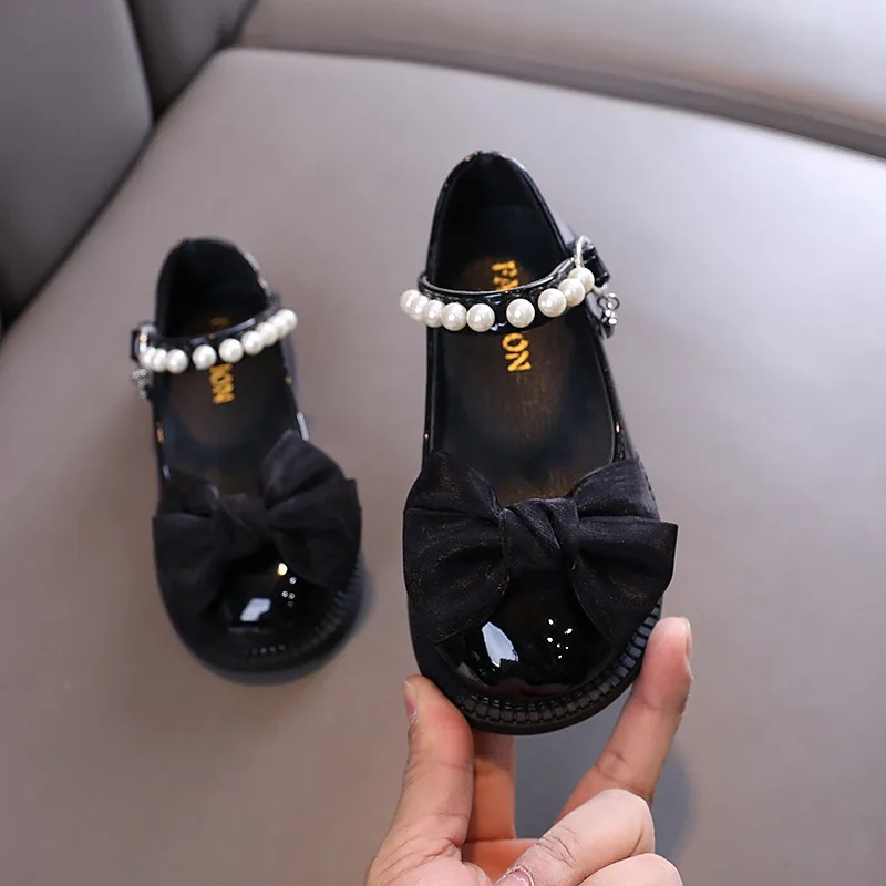 New Four Seasons Girl Pearl Bow Small Heel Princess Sandals Children Shiny Soft-Soled Wedding Shoes Kids Non-Slip Student Shoes