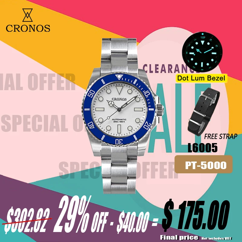 Cronos Sub Diver Men Watch Black&White No Date PT5000 Bracelet Ceramic Rotating Bezel 200 meters Water Resistant reloj hombre