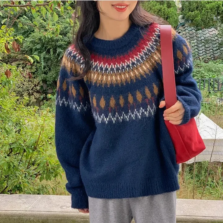 

Свободный длинный женский свитер Sve, круглый пуловер с винтажным узором, универсальный осенне-зимний новый дизайн, для поездок на работу Sle Faion