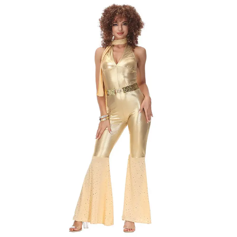 

Hippie Costume Disco Dance Nightclub Women Sexy Gold Retro Cosplay Hippie Costume