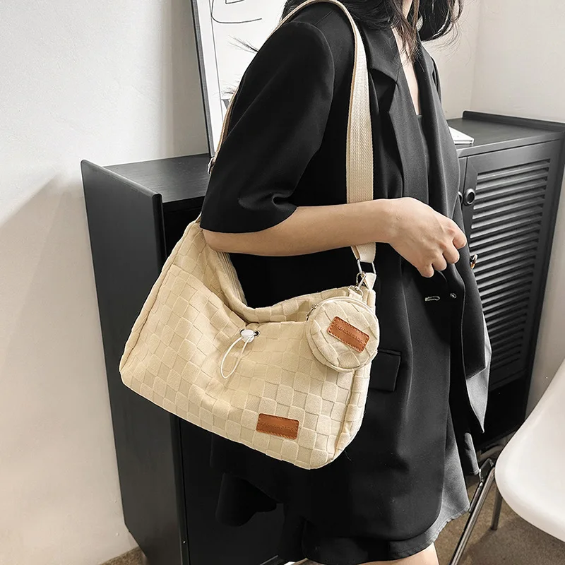 

Harajuku College Student Crossbody Bag Solid Color Plaid Print Large Capacity Shoulder Bag New Cute Fashion Female Handbag Purse