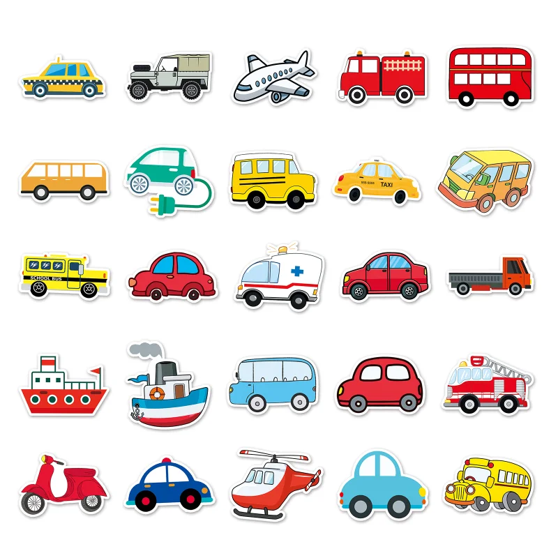 10/25/50pcs Transports Stickers Cartoon Cars Airplanes for Gift Room Learning Wall Decals Travel Luggage phone helmet