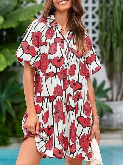 

Loose Casual Flower Printed Dress 2025 Fashion Lapel Short Sleeve Button Midi Dresses Beach Vacation Style Women's Clothing