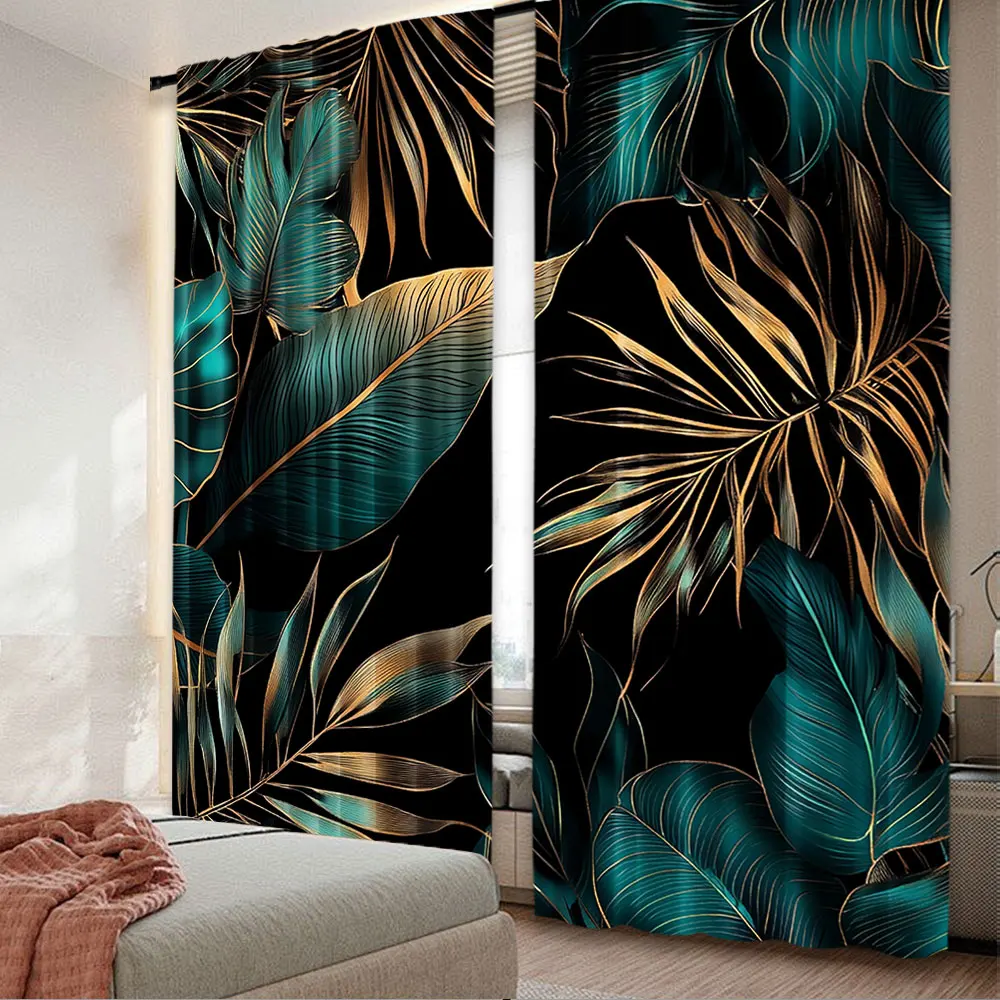 2Pcs Green Gold Tropical Palm Leaves Curtain Abstract Banana Leaf Modern Botanical Plant Nature Aesthetic Emerald Green Curtain